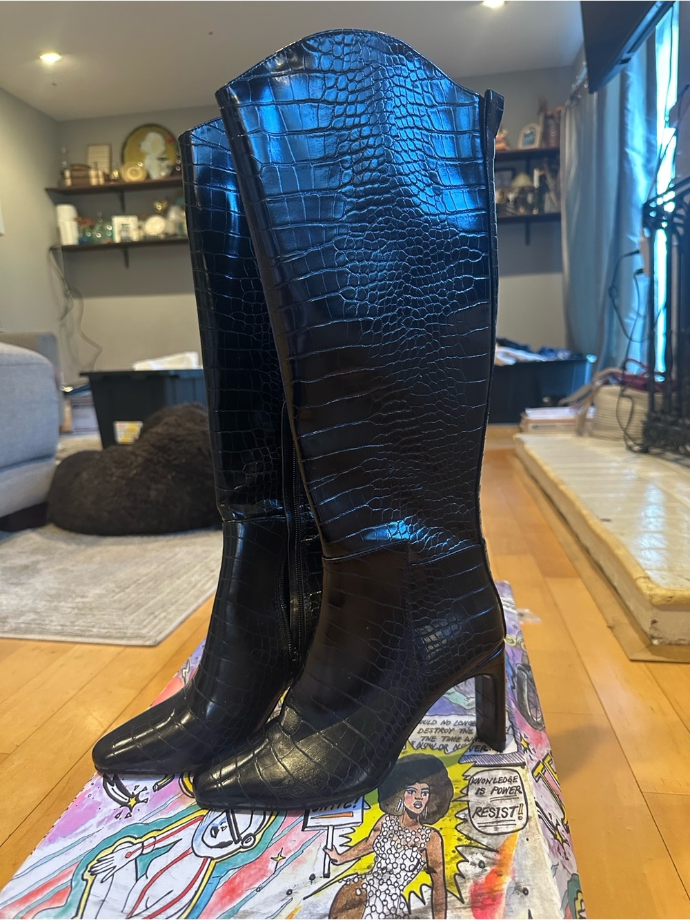Express Black Croc-Embossed Knee-High Heeled Boots